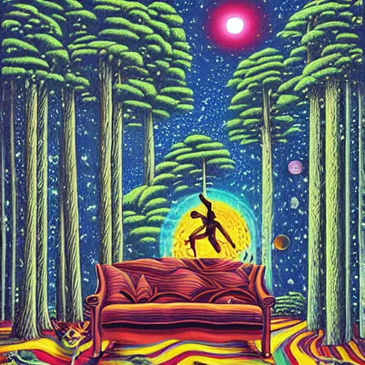 Prompt: psychedelic trippy river pine forest, broken cowboy, planets, milky way, sofa, cartoon by rob gonsalves