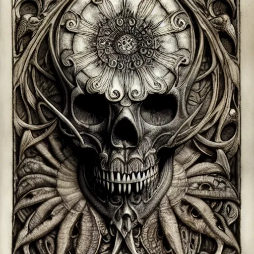 Image similar to memento mori by arthur rackham, art forms of nature by ernst haeckel, photorealistic ultra - detailed octane render, art nouveau, gothic, ornately carved beautiful skull mask dominant, intricately carved ornamental antique bone, art nouveau botanicals, art forms of nature by ernst haeckel, horizontal symmetry, symbolist, visionary