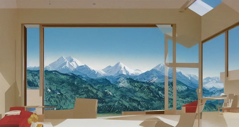 Prompt: contemporary house with large glass windows beneath the alps, matte painting, painted by hiroshi nagai