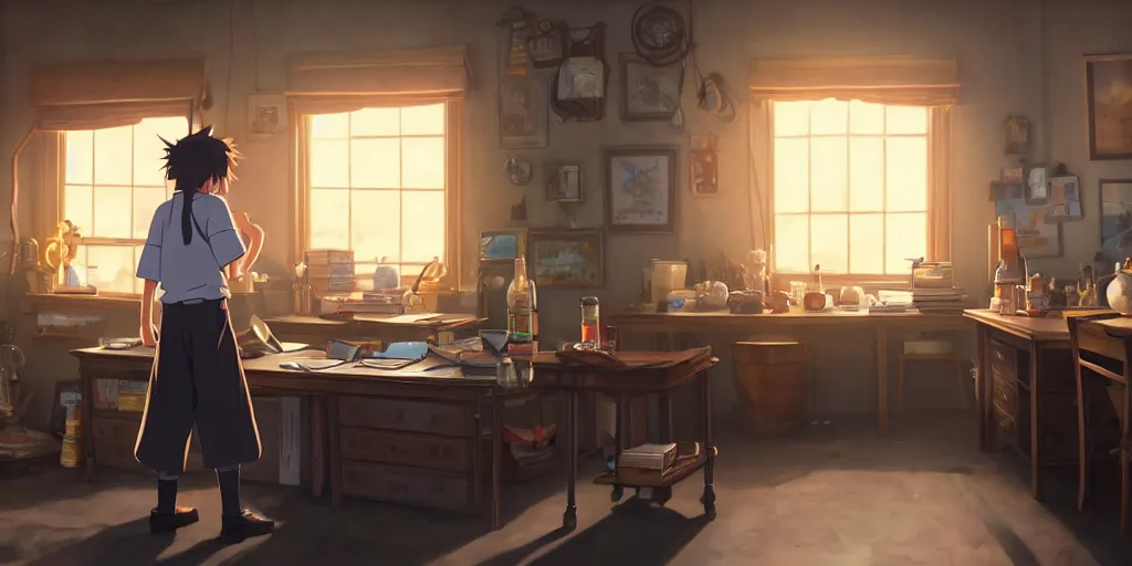 Image similar to a wizard with brown hair is standing at his desk working with jars of liquids, beakers of bubbling potions, coherent, medium shot, waist up, studio ghibli, pixar and disney animation, sharp, rendered in unreal engine 5, anime key art by greg rutkowski, bloom, dramatic lighting