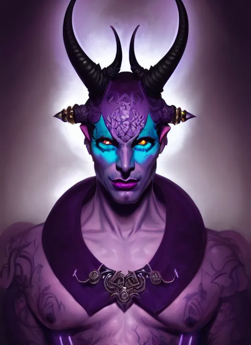 Image similar to symmetry!! portrait of a mischievous male purple and teal skinned tiefling with demon horns and piercings, glowing lights!! intricate, elegant, highly detailed, digital painting, artstation, concept art, smooth, sharp focus, illustration, art by artgerm and greg rutkowski and alphonse mucha