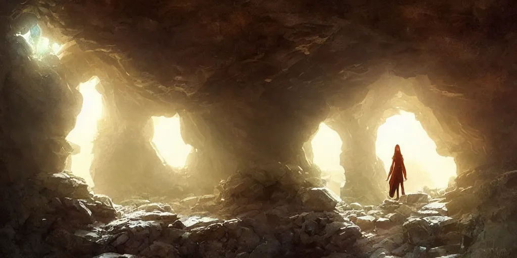 Prompt: a stone portal glowing from within, in a cave, foggy, surrounded by rocks, art by greg rutkowski