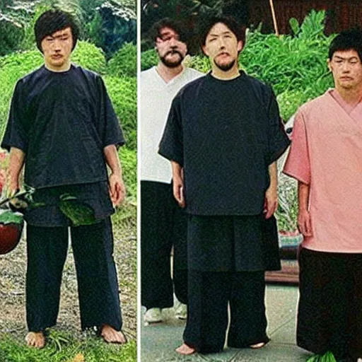 Prompt: secret full color photos form the year 1 9 9 9 of a cult in japan. everyone must not wear pants, they must wear shirts, all their hair is shaved off the side but very long on top. small beards are ok. you must carry a large vegetable in each hand at all times.