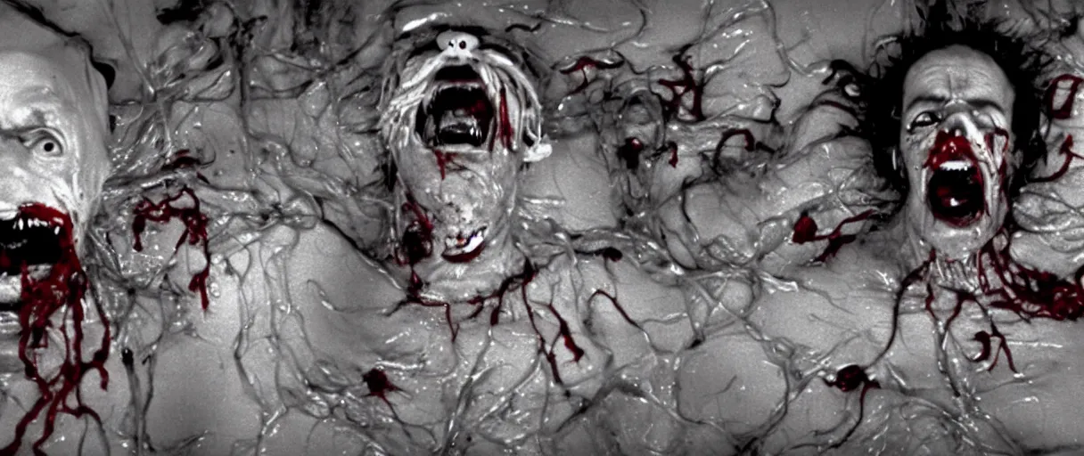 Image similar to filmic extreme wide shot movie still 4 k uhd interior 3 5 mm film color photograph of a hairy man with torn bloody clothes red noodles slime and tentacles coming out of his chest grabbing a scientist in a lab coat who is screaming oh my god and looking up for help, in the style of the horror film the thing 1 9 8 2