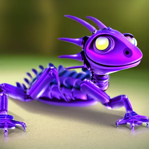Prompt: very cute small purple robototechnic dragon with well-designed head and four legs looking like lizard,Disney, digital art