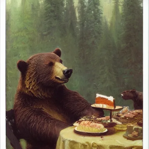 Image similar to polaroid photo of a bear eating cake, highly detailed painting by gaston bussiere, craig mullins, j. c. leyendecker