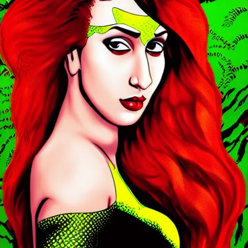 Prompt: Portrait of Shraddha Kapoor as Poison Ivy from Batman comics movie in style of Roy Lichtenstein, detailed face 8k, UHD