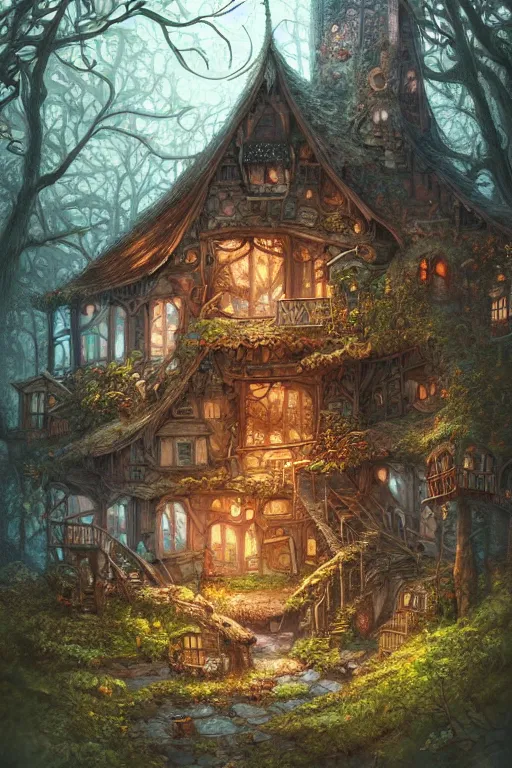 Image similar to a storybook illustration of a ramshackle multistory fairytale hut in the forest, intricate, elegant, fantasy, highly detailed, digital painting, concept art, sharp focus, artstation