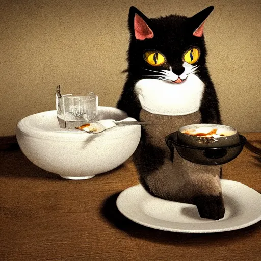 Prompt: cute cat drinking milk from a porcelain plate, in game pathologic 2, digital art, unreal engine, cinematic composition, sharp, details, hyper - detailed, hd