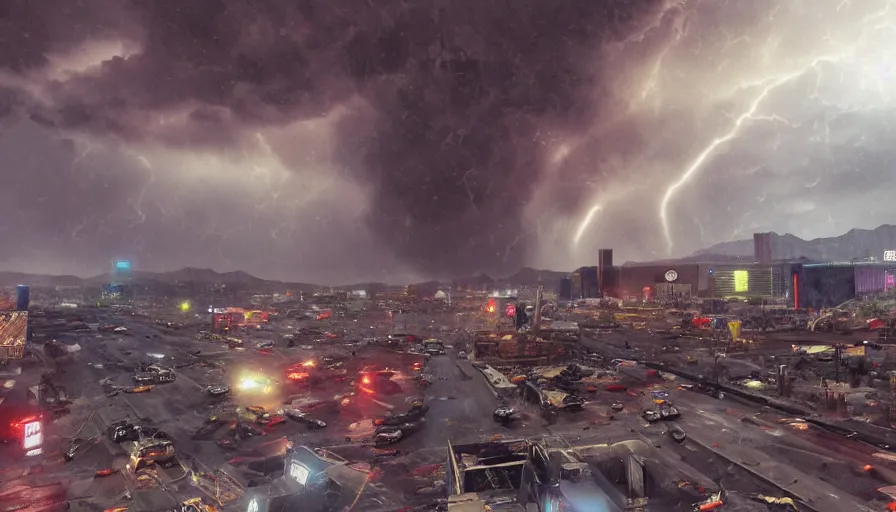 Image similar to tornado destroy las vegas during storm, day, hyperdetailed, artstation, cgsociety, 8 k