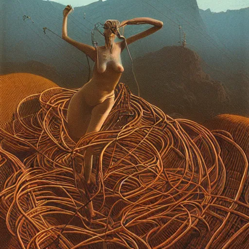 Image similar to photo of a woman wrapped around by tubes and cables, mountains in the background, by Zdzislaw Beksinski