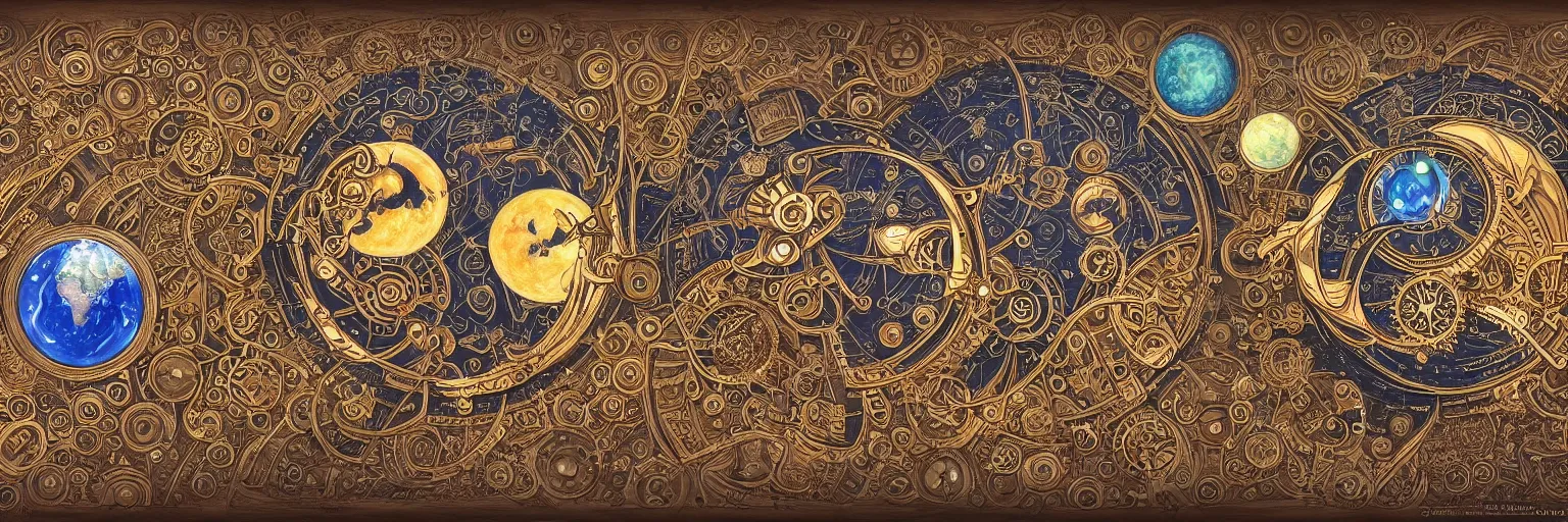 Prompt: steampunk art nouveau portrait of a sun and moon and stars and a comet and the planet earth, rich bright cartoon colors, intricate, ornate, circuitry, gears, painted, extremely hyperdetailed, art deco, anime, sharp focus