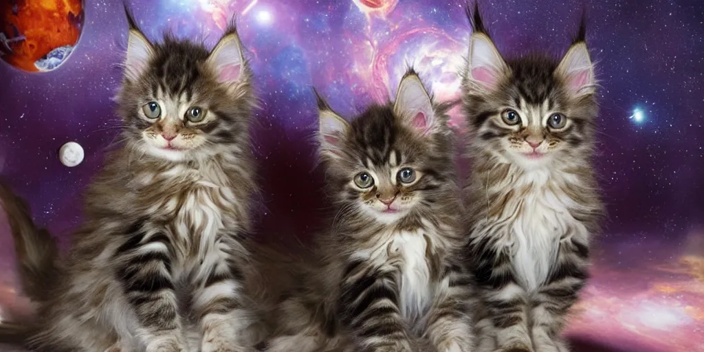Image similar to a 3 d rendered movie still maine coon kitten descendant 1 million in the future. kitten wears a spacesuit, and explores cosmos in a space ship with a cat tree. science fiction blockbuster movie kittens rule the world or what's on tv? kittens!, dramatic lighting, imax 7 0 mm. digital art, buzz lightyear ( film )
