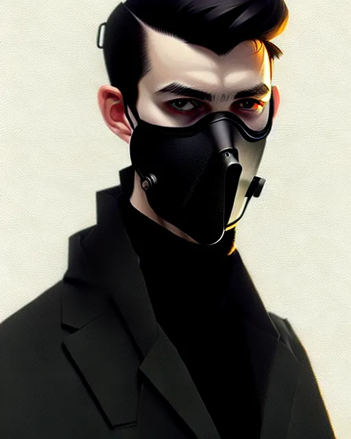 Image similar to a ultradetailed beautiful panting of a european young man wearing black medical mask and black long coat, by ilya kuvshinov, greg rutkowski and makoto shinkai, trending on artstation