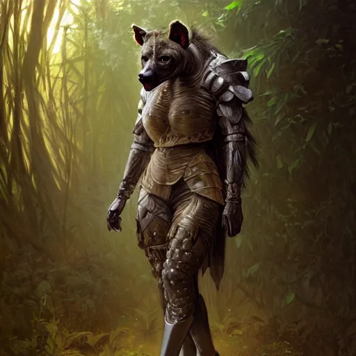 Prompt: photo of a humanoid hyena were a heroic dress an armour in the forest, long hair, highly detailed, digital painting, artstation, smooth, sharp focus, illustration, art by artgerm and greg rutkowski and alphonse mucha