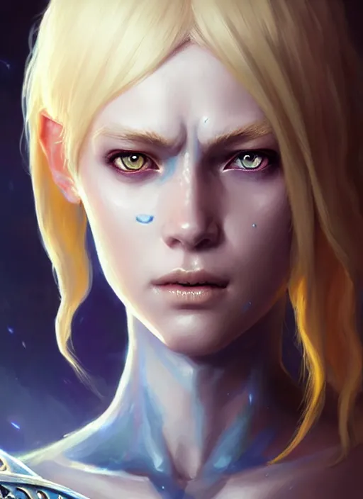 Image similar to a fantasy style portrait painting of shy white female paladin scarred left eye with blonde hair and blue eyes, holy oil painting unreal 5 daz. rpg portrait extremely detailed artgerm greg rutkowski _ greg