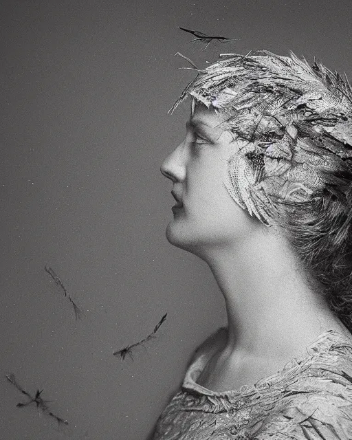 Image similar to a woman's face in profile, made of bird feathers, in the style of the dutch masters and gregory crewdson, dark and moody