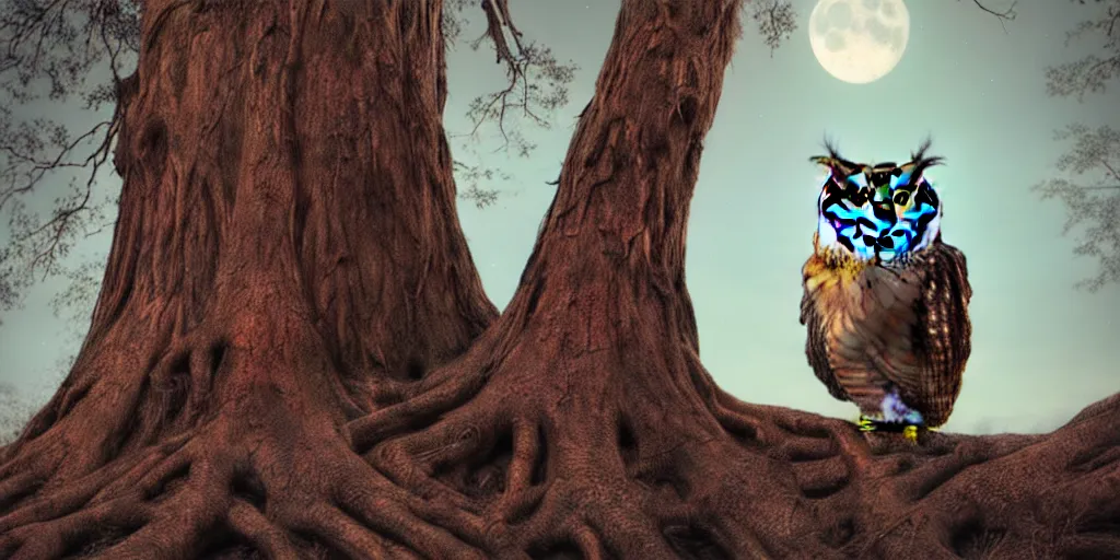 Image similar to tha owlking with red and blue eyes sitting on a throne carved in a big tree, moonlight, natural light, Cinematic level shot, dynamic pose, award winning photograph, photorealism, beautiful lighting, sharp, details, hyper-detailed, HDR, 8K