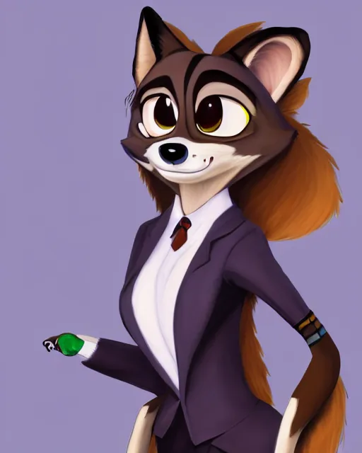 Image similar to oil painting of anthromorphic female wolf, in style of zootopia, female fursona, furry, furaffinity, 4 k, deviantart, furry art, fursona art, wearing black business suit, business suit, wolf fursona, female, very expressive detailed feminine face,