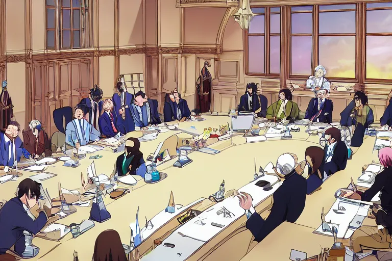 Prompt: cell shaded anime key visual of a fantasy federation council meeting with important local rulers in the style of studio ghibli, moebius, makoto shinkai, dramatic lighting