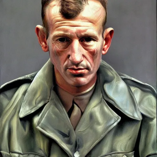 Image similar to high quality high detail painting by lucian freud, hd, american soldier, photorealistic lighting