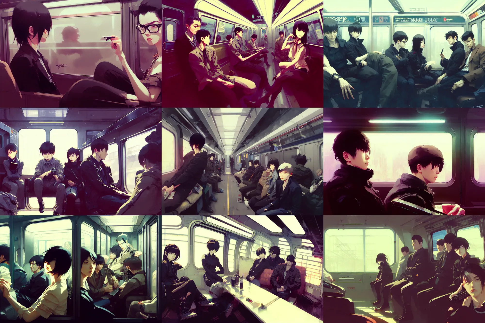 Prompt: hyper - realistic portrait of subway car interior, extreme detail, in style of ilya kuvshinov, pan ren wei, yoji shinkawa, atey ghailan, by greg rutkowski, by greg tocchini, by james gilleard, by joe fenton, by kaethe butcher, anime aesthetic