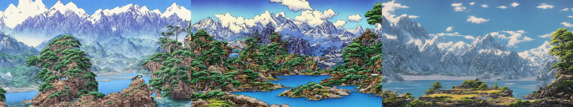 Prompt: lakeside mountains, by akira toriyama