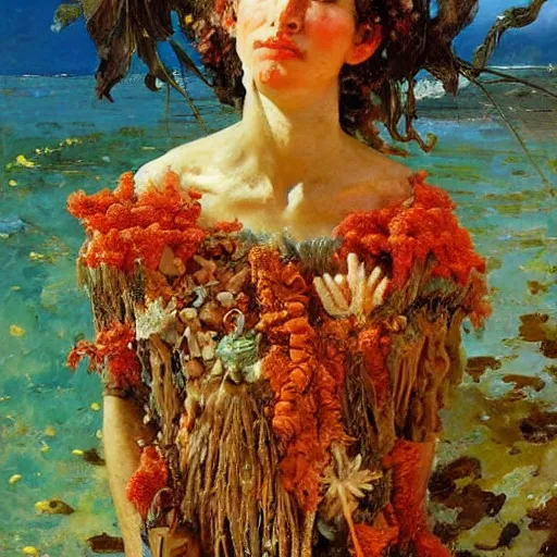 Image similar to a sculpture portrait made of seaweed and coral and shells and lilies, painting part by wojciech siudmak, part by ilya repin, part by max ernst, part by norman rockwell, artstation