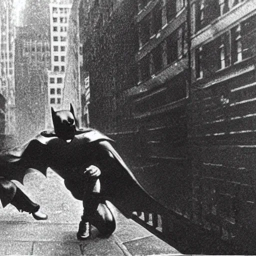 Image similar to old black and white photo, 1 9 1 3, depicting batman fighting a bad guy in an ally of new york city, rule of thirds, historical record