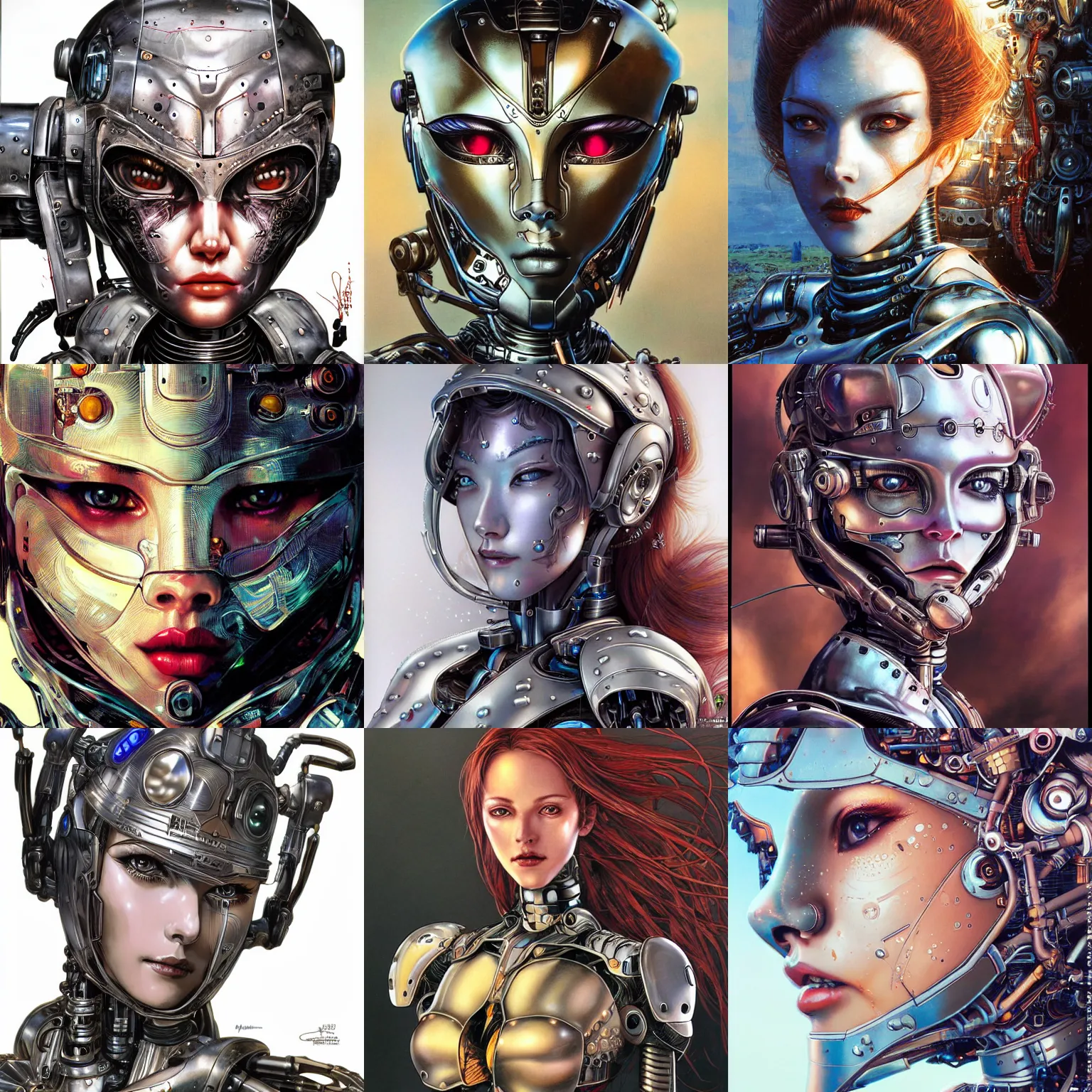Prompt: portrait of a beautiful female robot wearing mechanical armor, face is highly detailed, by ayami kojima, masamune shirow, josan gonzalez, yoshitaka amano, dan mumford, barclay shaw