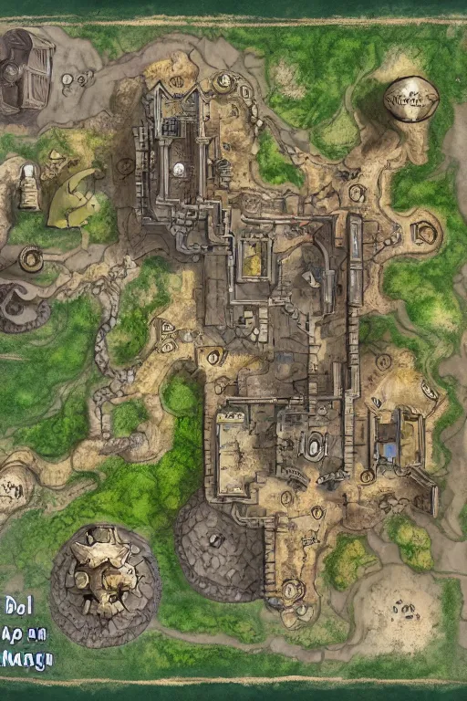 Image similar to a D&D tabletop game dungeon map with rooms, barracks, halls, with connecting caverns where at the end an ominous waterfall and pool reside, high quality, hd, WOTC, Roll20, Wonderdraft, Inkarnate