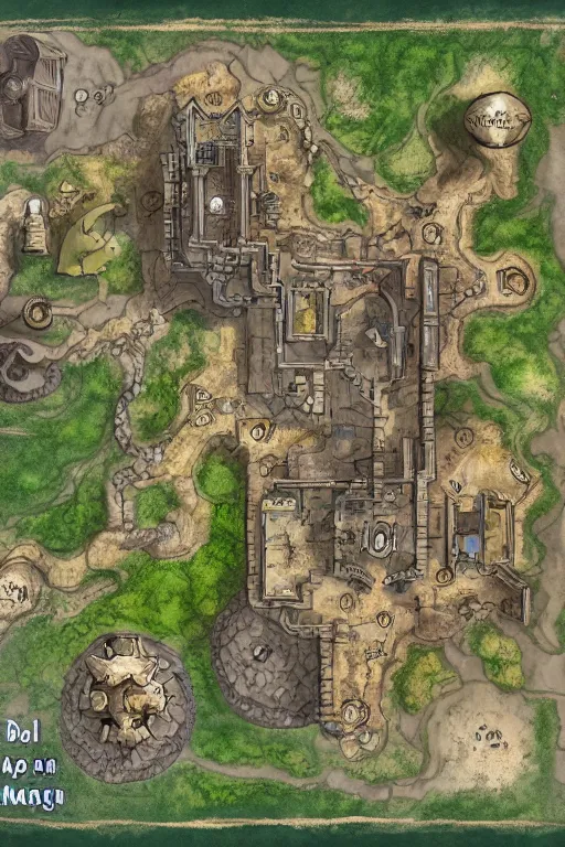 Prompt: a D&D tabletop game dungeon map with rooms, barracks, halls, with connecting caverns where at the end an ominous waterfall and pool reside, high quality, hd, WOTC, Roll20, Wonderdraft, Inkarnate