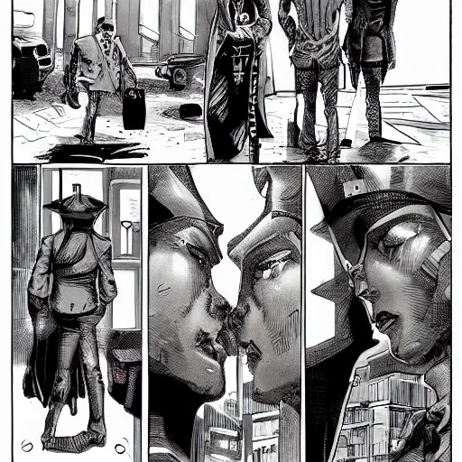 Image similar to a cyberpunk noir of gay robots 1885