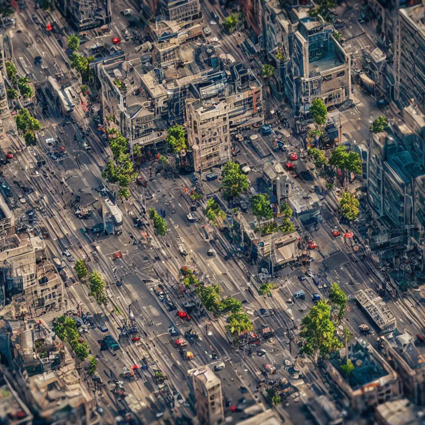 Prompt: tilt - shift photography of a busy street in a futuristic city on venus