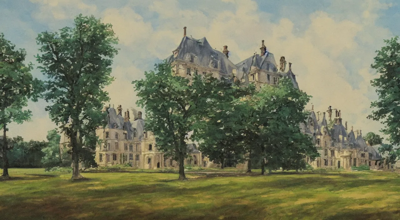 Image similar to a landscape painting of a French manor, with a square, in the style of anime