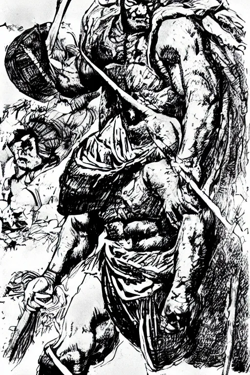 Image similar to ancient historically accurate depiction of the Bible Character Goliath of Gath, the Philistine warrior giant by frank miller