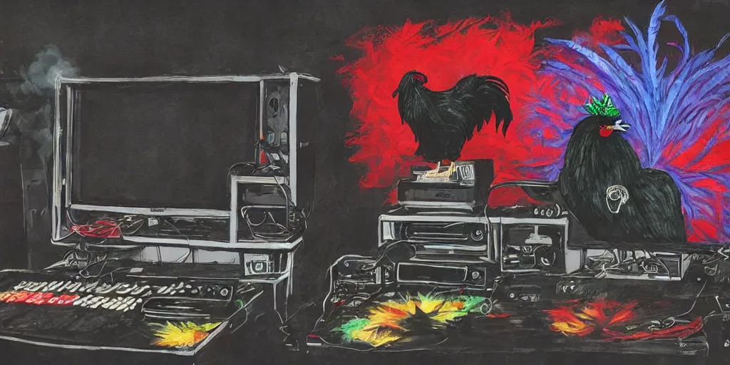 Image similar to 'black rooster'!!! smoking 'cannabis'!!!!!! in front of 'audio console'!!!! and 'pc masterrace RGB custom build'!!!!! 'multi monitors and projectors'!!!! 'in a hi-tech tv broadcasting studio with red camera rig'!!!!, artwork by James Gilleard