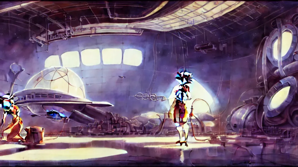 Image similar to a film still of a 1 9 5 0's mechanic anime girl repairing ufo in big hangar inside spaceship, sharp focus, finely detailed features, full body mid shot, perfect art, trending on pixiv fanbox, painted by gaston bussiere, makoto shinkai, akihiko yoshida, gaston bussiere, craig mullins