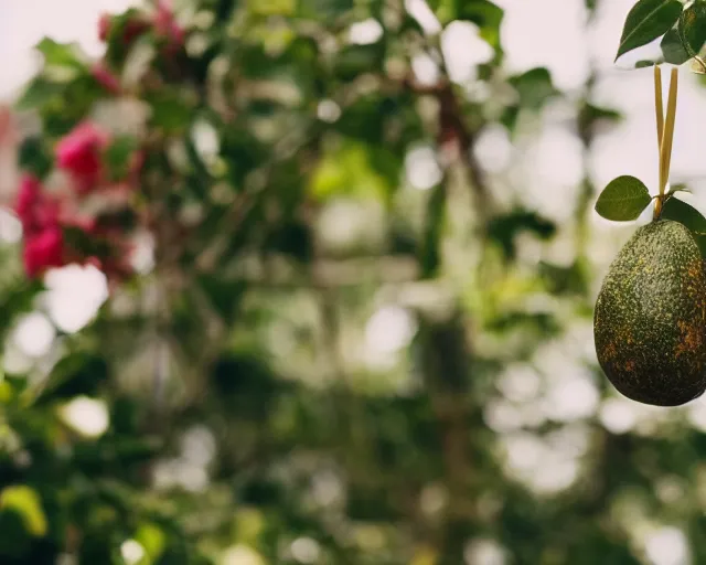 Image similar to 8 5 mm photography of elon musk as an avocado near a garden with sand with dof and bokeh and flowers