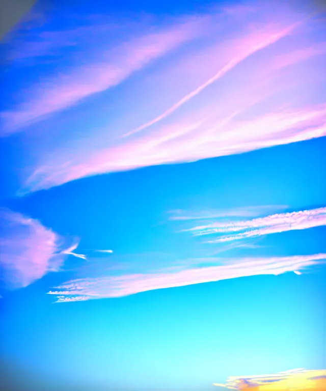 Prompt: thin cloud streaks in cursive on clear blue sky sunset