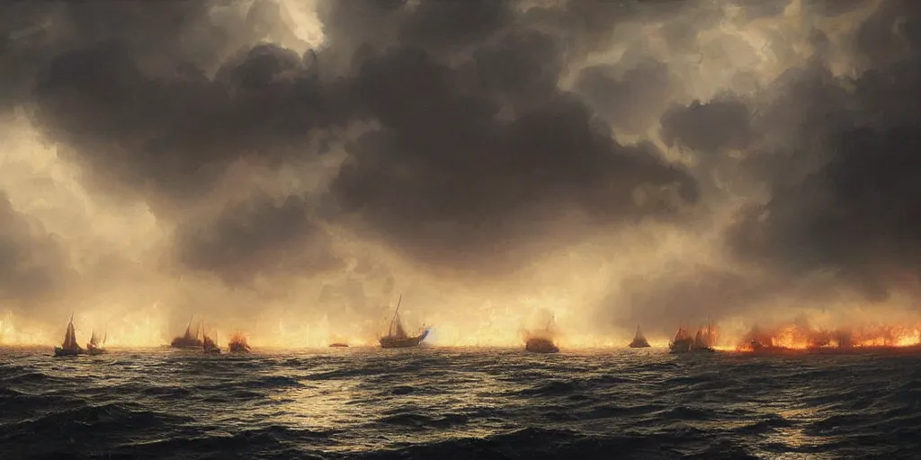 Prompt: Hyper realistic oil painting of several galleons burning brightly, pillars of dark smoke rising from the ships, fire in the background, stormy weather, dark clouds, fog, moody cinematic lighting, atmospheric, dark, by Greg Rutkowski, trending on artstation