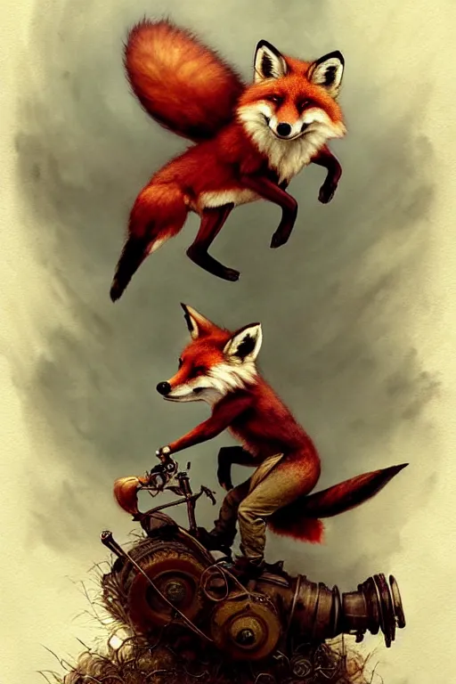 Image similar to gnome ridding on red fox | esoteric symbolism | jean - baptiste monge, esao andrews, bastien lecouffe - deharme, tim jacobus, ken currie | ultra - detailed realism, soft cinematic lighting, hi - fructose, artstation, high - quality, ink watercolors wes anderson poster art