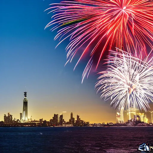 Prompt: Vérifié “Amazing fireworks, view from Ellis Island, 4th of July. Sony A7, f/2