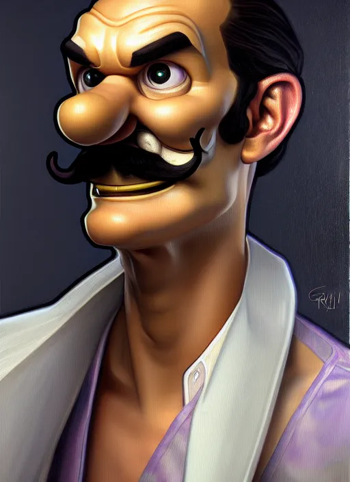 Prompt: oil portrait of waluigi, intricate, elegant, highly detailed, lighting, painting, artstation, smooth, illustration, art by greg rutowski and alphonse mucha