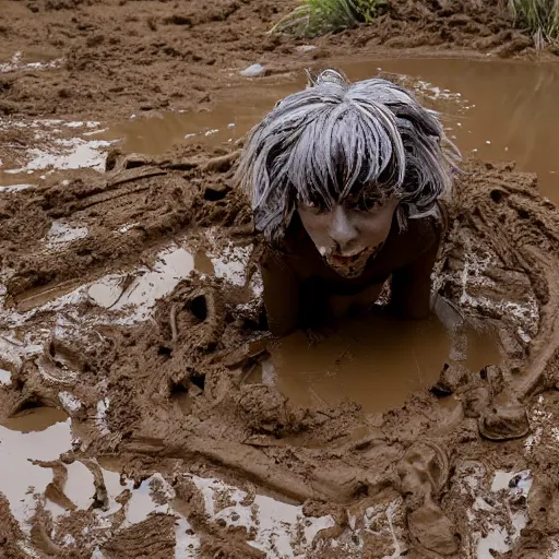 Prompt: phoenix play in mud