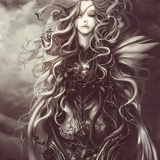 Image similar to banshee, baroque style, elegant, beautiful, mesmerizing, concept art, highly detailed, artstation, behance, deviantart, inspired by innocent manga, inspired by castlevania concept art, trending, ayami kojima, shinichi sakamoto