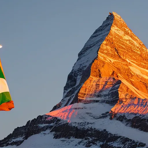 Prompt: flag of india is projected illuminated on the matterhorn mountain at night