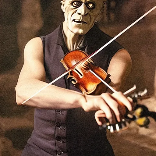 Image similar to UHD candid photo of Frankenstein playing violin, with accurate face, UHD, photorealistic, correct face, photo by Annie Leibowitz