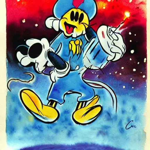 Prompt: mickey mouse as lovecraftian cosmic horror entity, by carl barks, marc davis and glen keane, disney style, watercolor