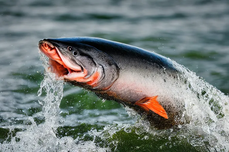 Image similar to a close - up photograph of a salmon with it's mouth open jumping out of the water. national geographic, fast shutter speed, 5 0 mm